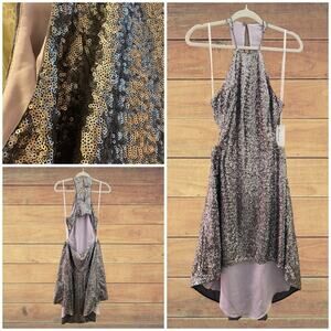 Halston Heritage high low open back halter style sequin formal dress